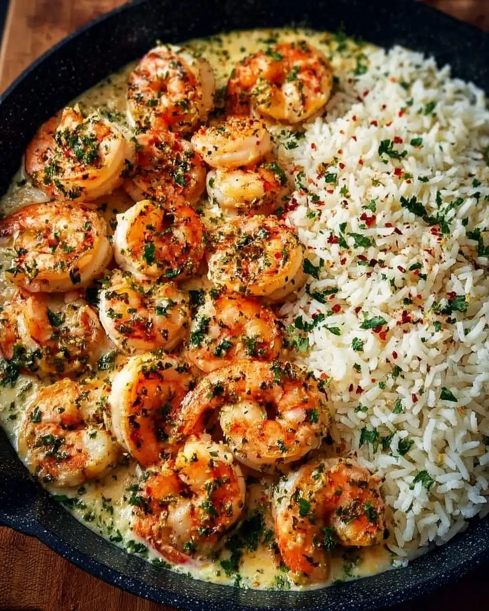 Creamy garlic butter shrimp served over rice with herbs