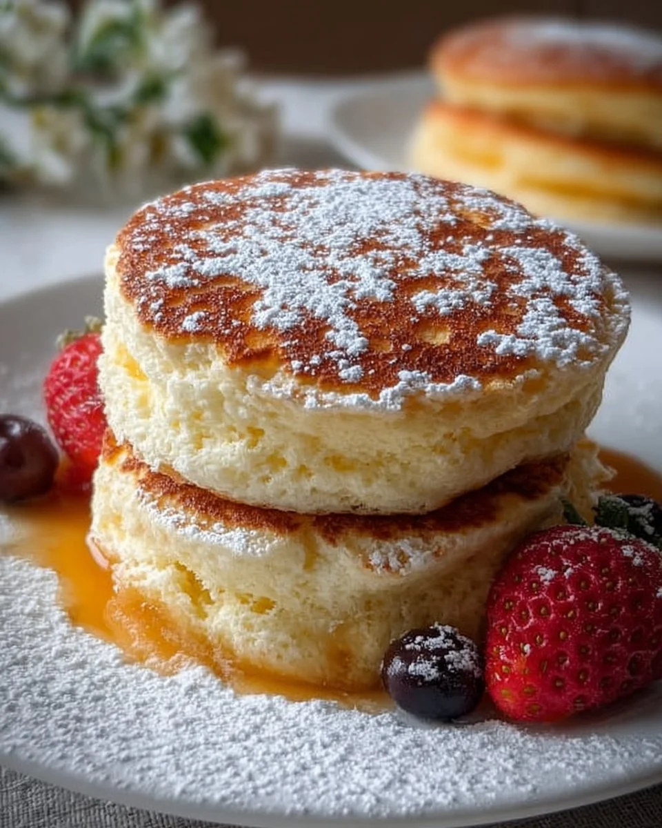 Fluffy vegan Japanese souffle pancakes stacked on a plate with syrup and fruit