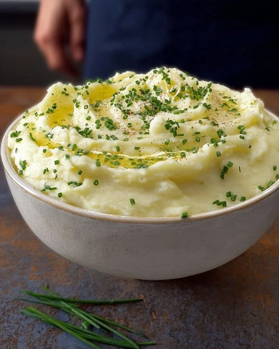 Creamy garlic mashed potatoes served with garnished herbs