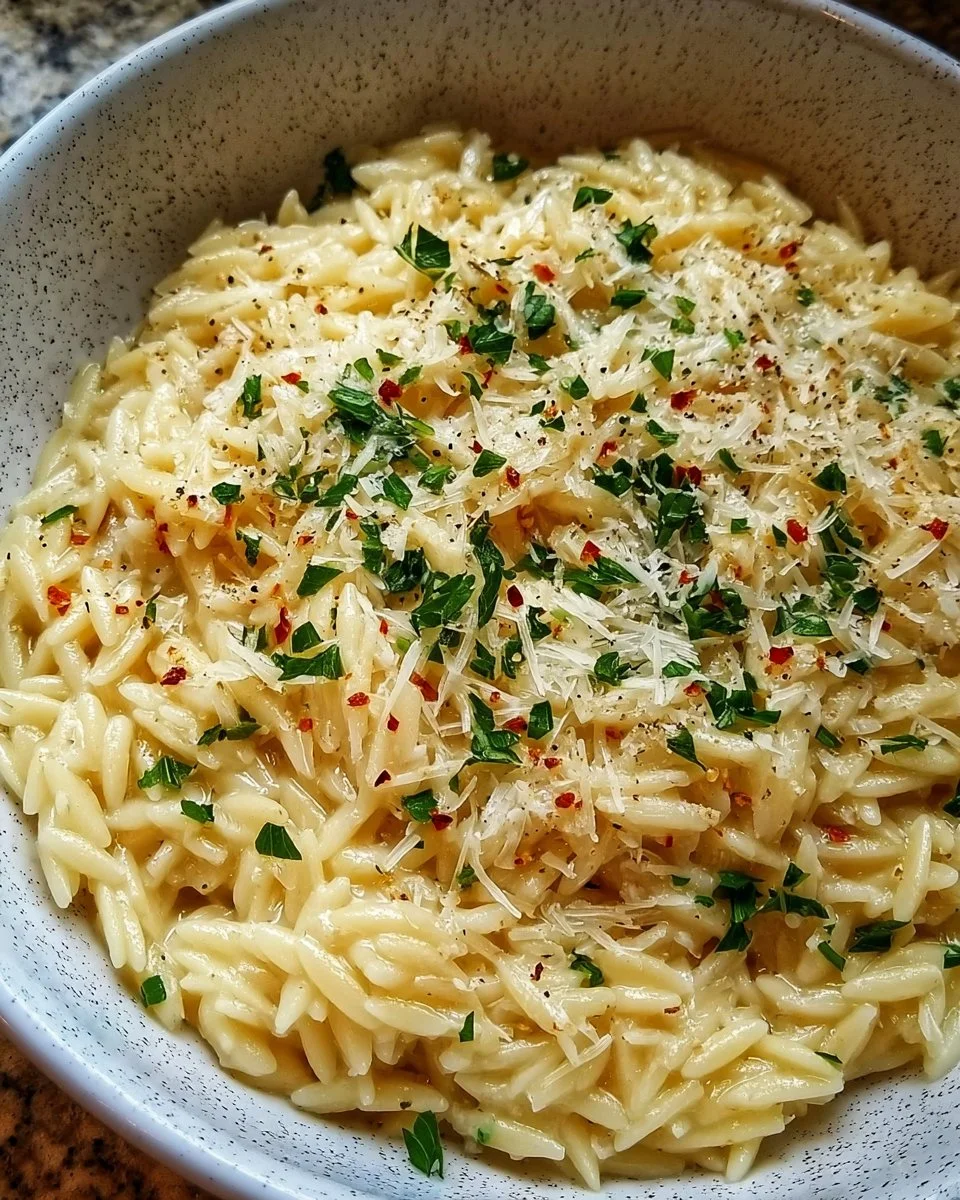 Bowl of creamy Garlic Parmesan Orzo pasta topped with parsley