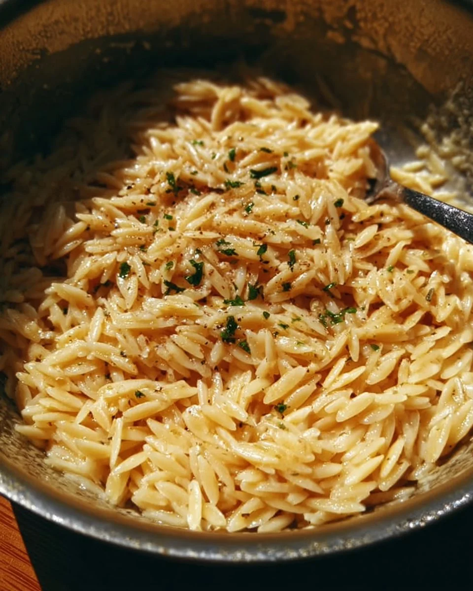 Plate of Garlic Parmesan Orzo pasta, garnished with parsley and Parmesan cheese.