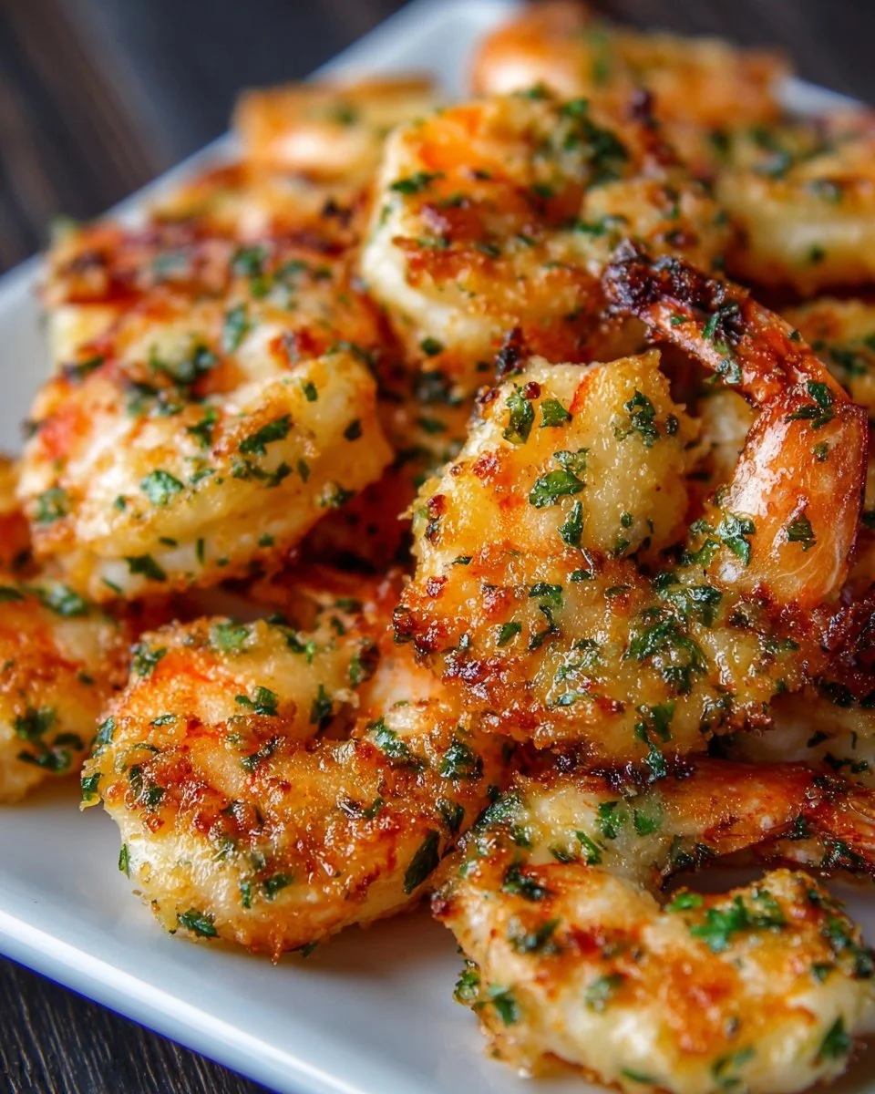 Plate of Garlic Parmesan Roasted Shrimp garnished with parsley