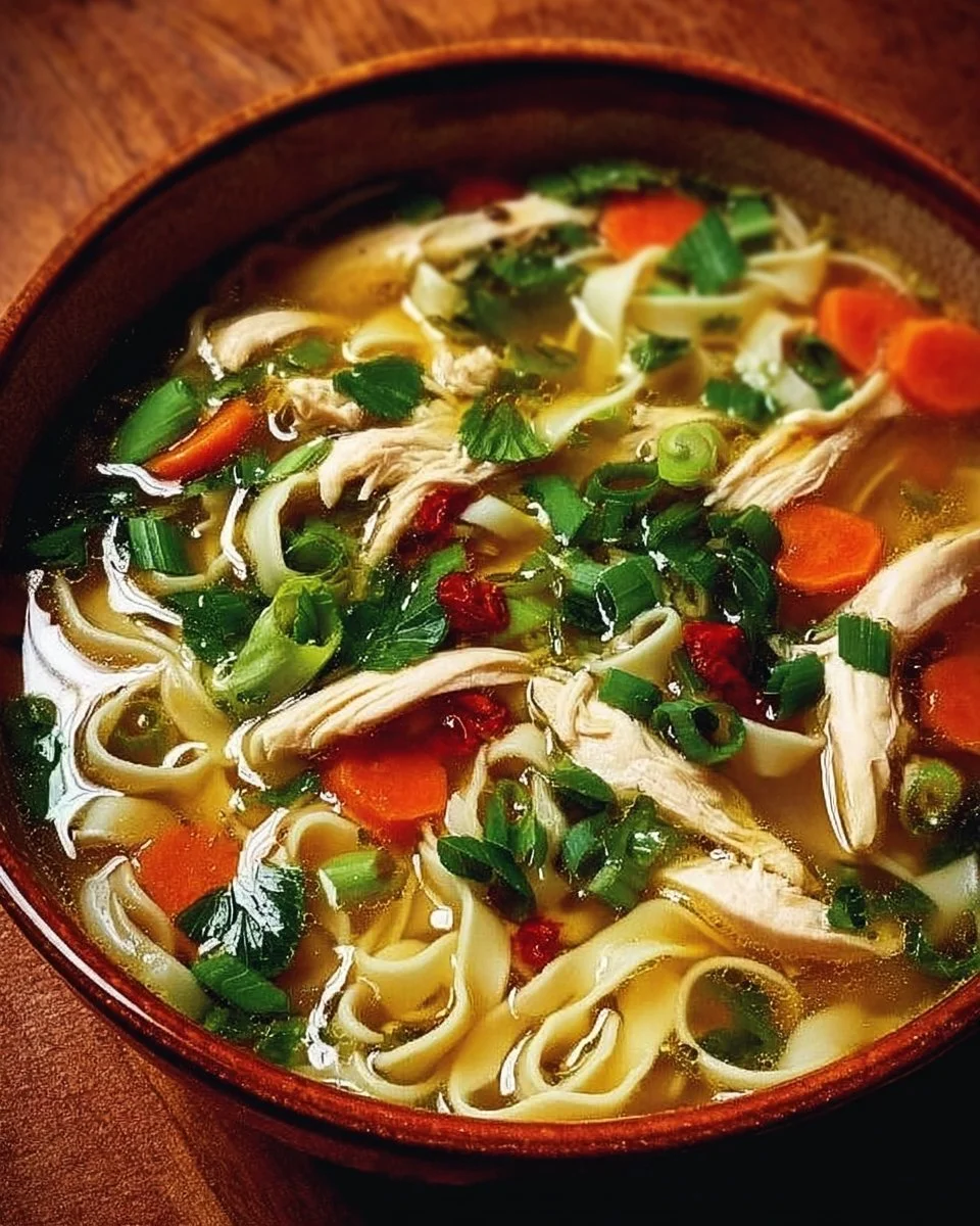 Bowl of Ginger Garlic Chicken Noodle Soup with fresh herbs