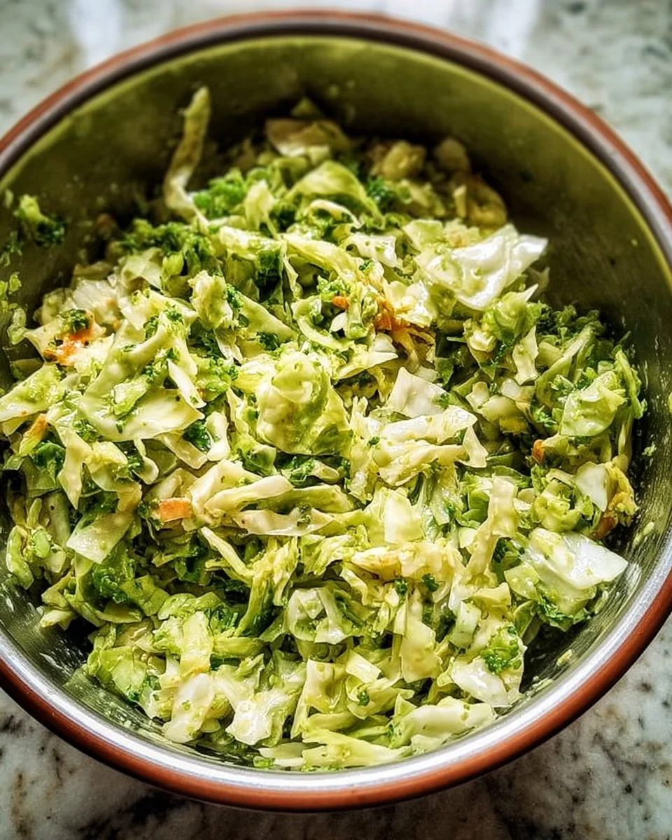Green Goddess Cabbage Salad with fresh herbs and vegetables in a bowl