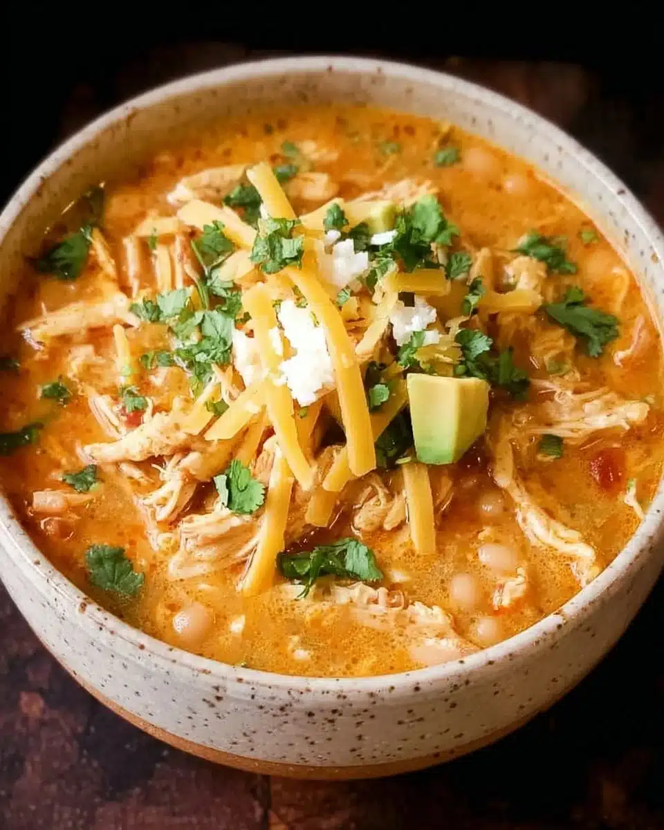 Healthy high protein white chicken chili served in a bowl with toppings