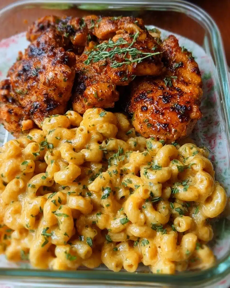 Delicious Honey Garlic Butter Chicken served with creamy Mac &amp; Cheese