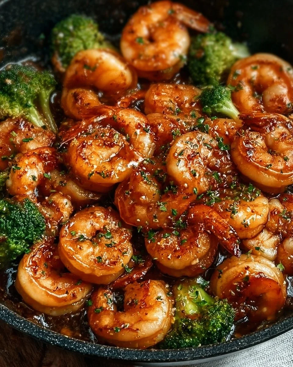 High-protein honey garlic shrimp garnished with green onions on a plate
