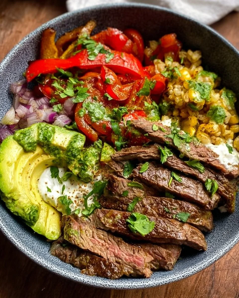 High protein steak fajita bowl with colorful vegetables and spices