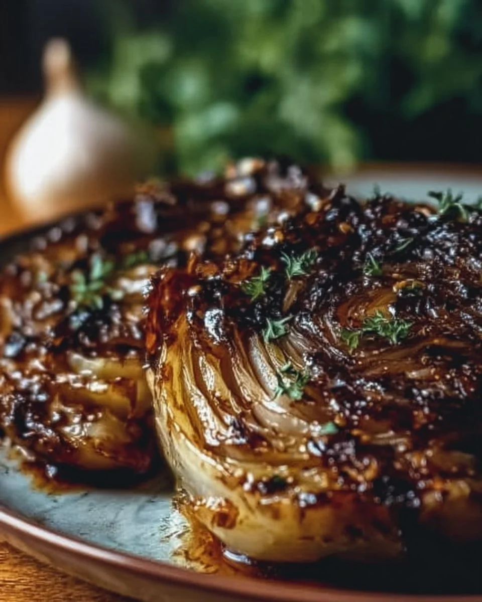 Honey Balsamic Cabbage Steaks served on a plate with fresh herbs