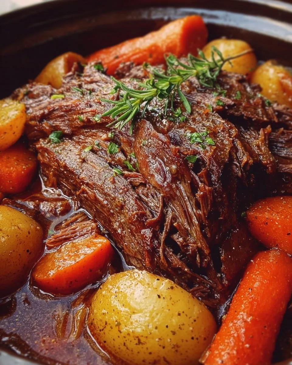 Delicious 5-star pot roast made in a slow cooker, showcasing tender meat and rich flavors.