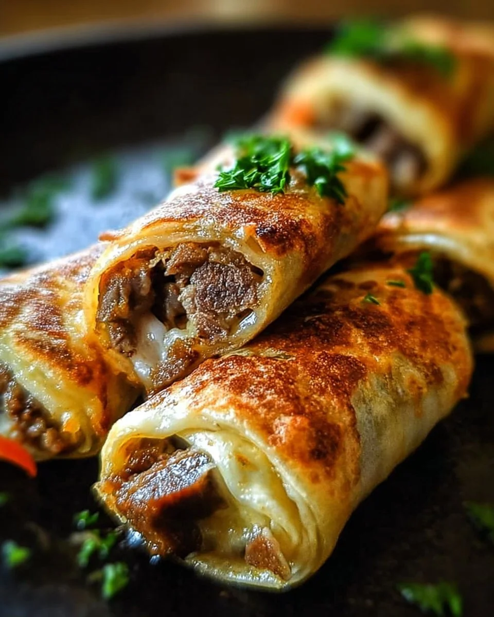 Keto Philly Cheesesteak Roll Ups on a plate garnished with herbs