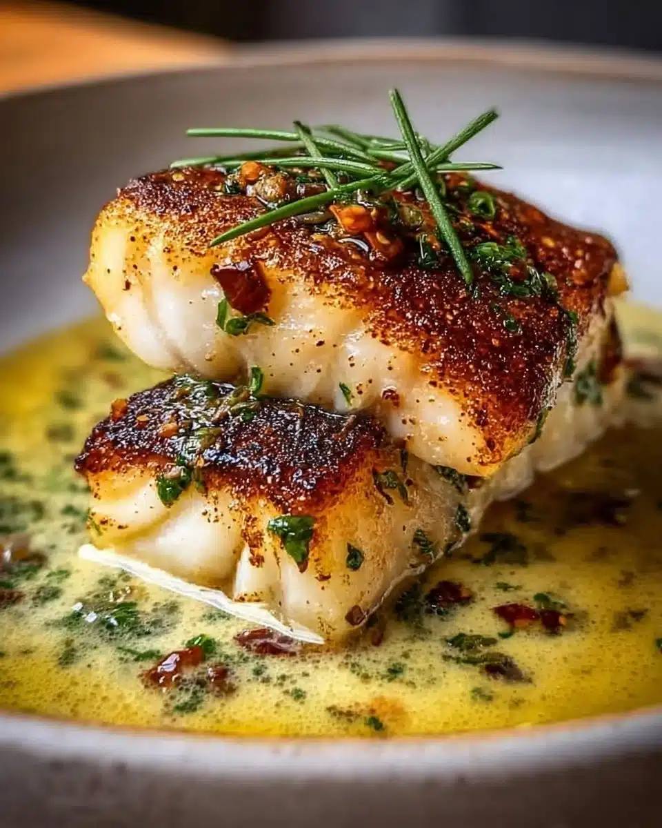 Lemon Garlic Butter Cod with Crispy Skin served on a white plate