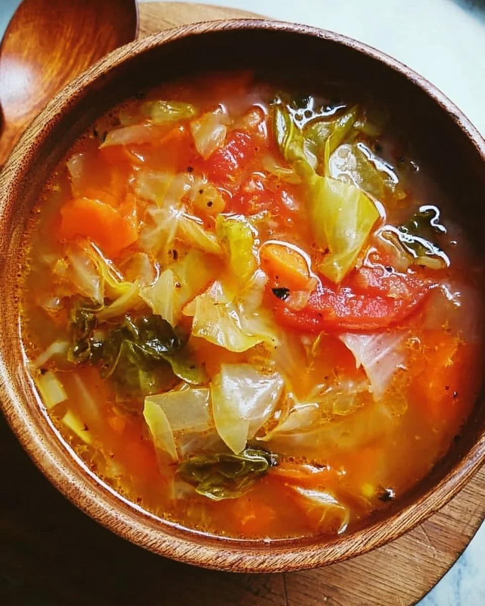 Bowl of low calorie cabbage fat burning soup with fresh vegetables