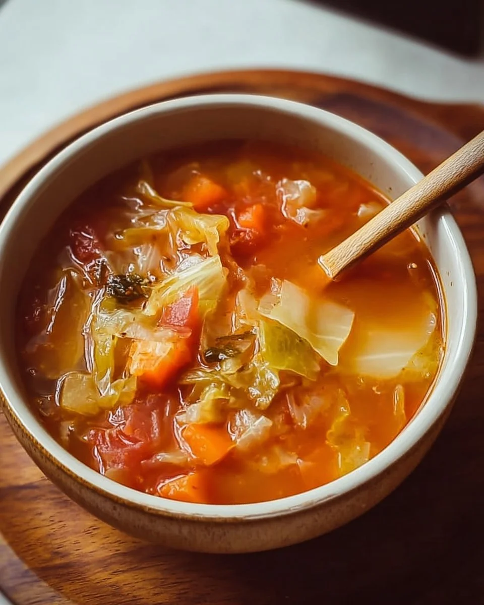 Low calorie cabbage fat burning soup in a bowl with fresh ingredients