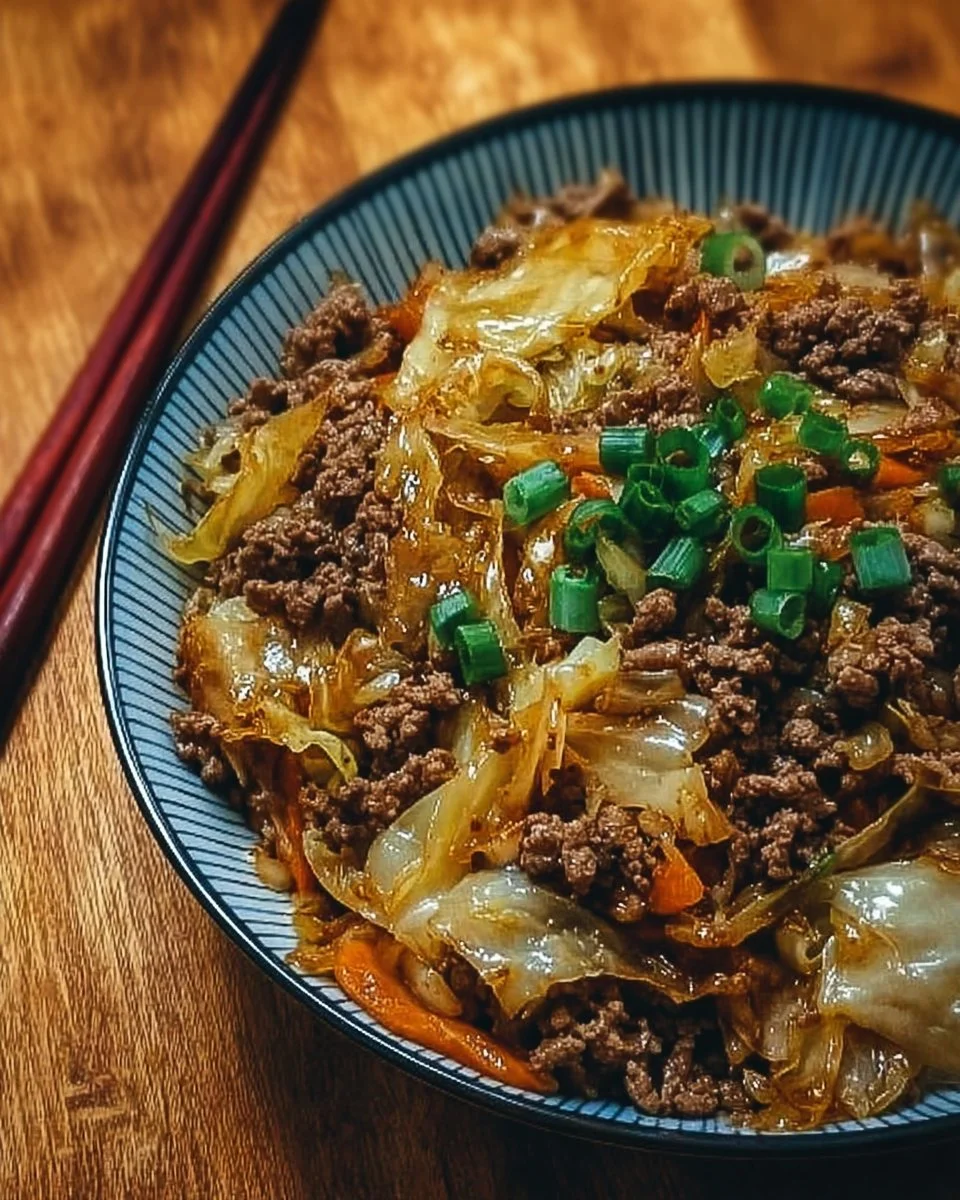 Low-carb beef and cabbage stir-fry dish on a plate with colorful vegetables