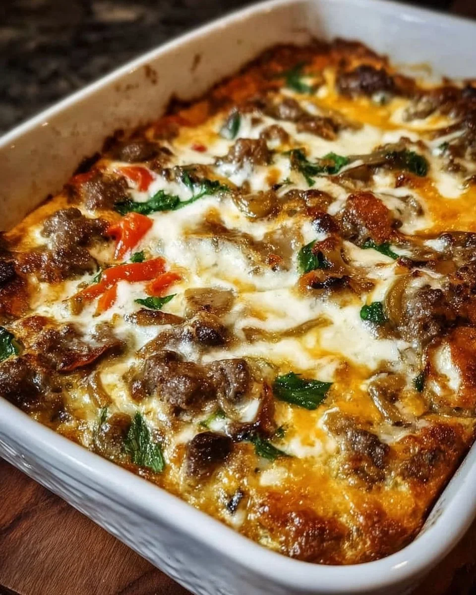 Low Carb Philly Cheesesteak Casserole served in a baking dish