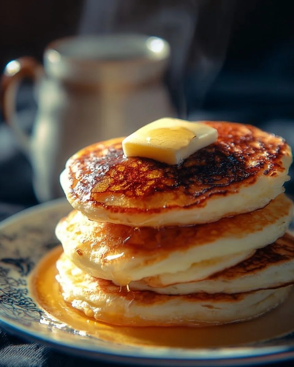 Delicious stack of Old Fashioned Pancakes topped with syrup and berries