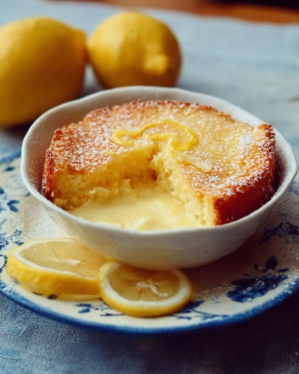Delicious one-bowl lemon dessert with a bright yellow topping and fresh lemon slices