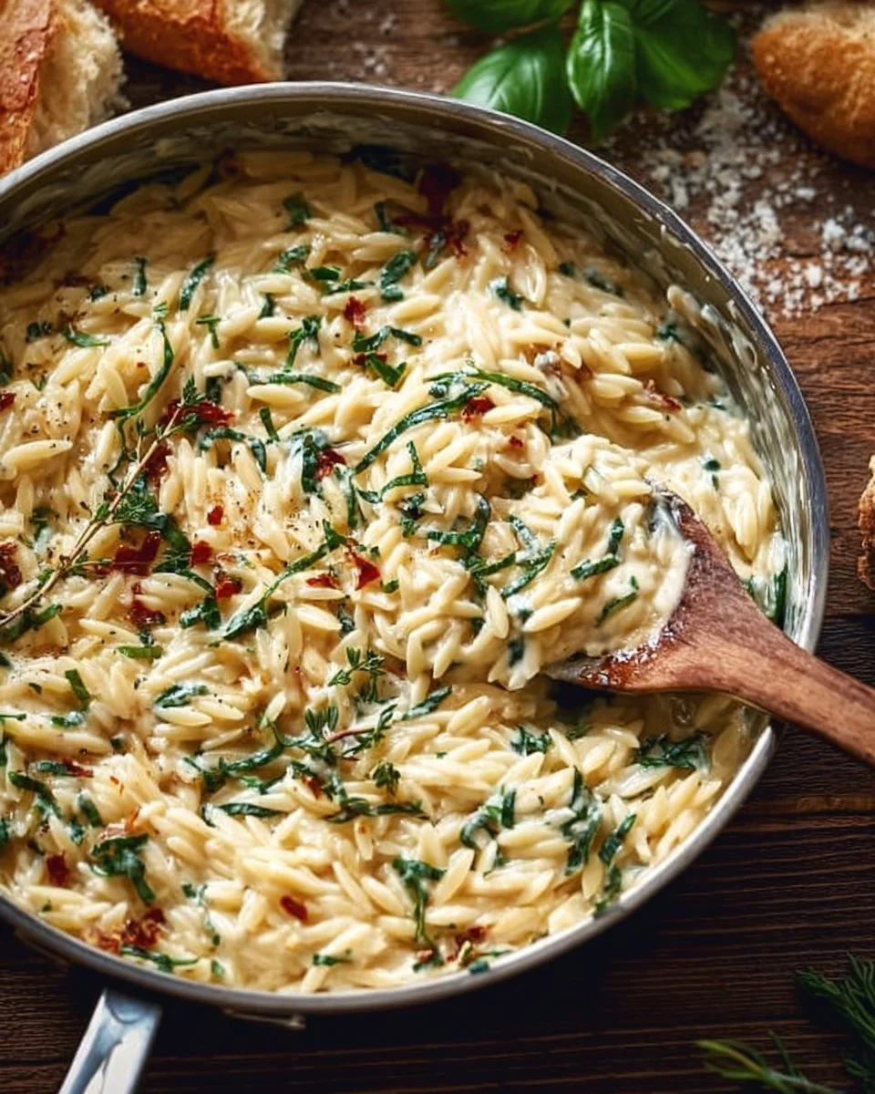 Creamy One-Pan Boursin Orzo dish garnished with herbs in a skillet