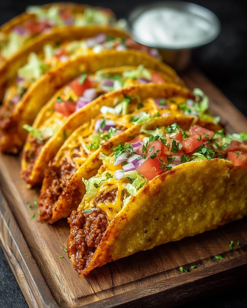 Oven-baked cheesy tacos, crispy and loaded with toppings, perfect for a meal.