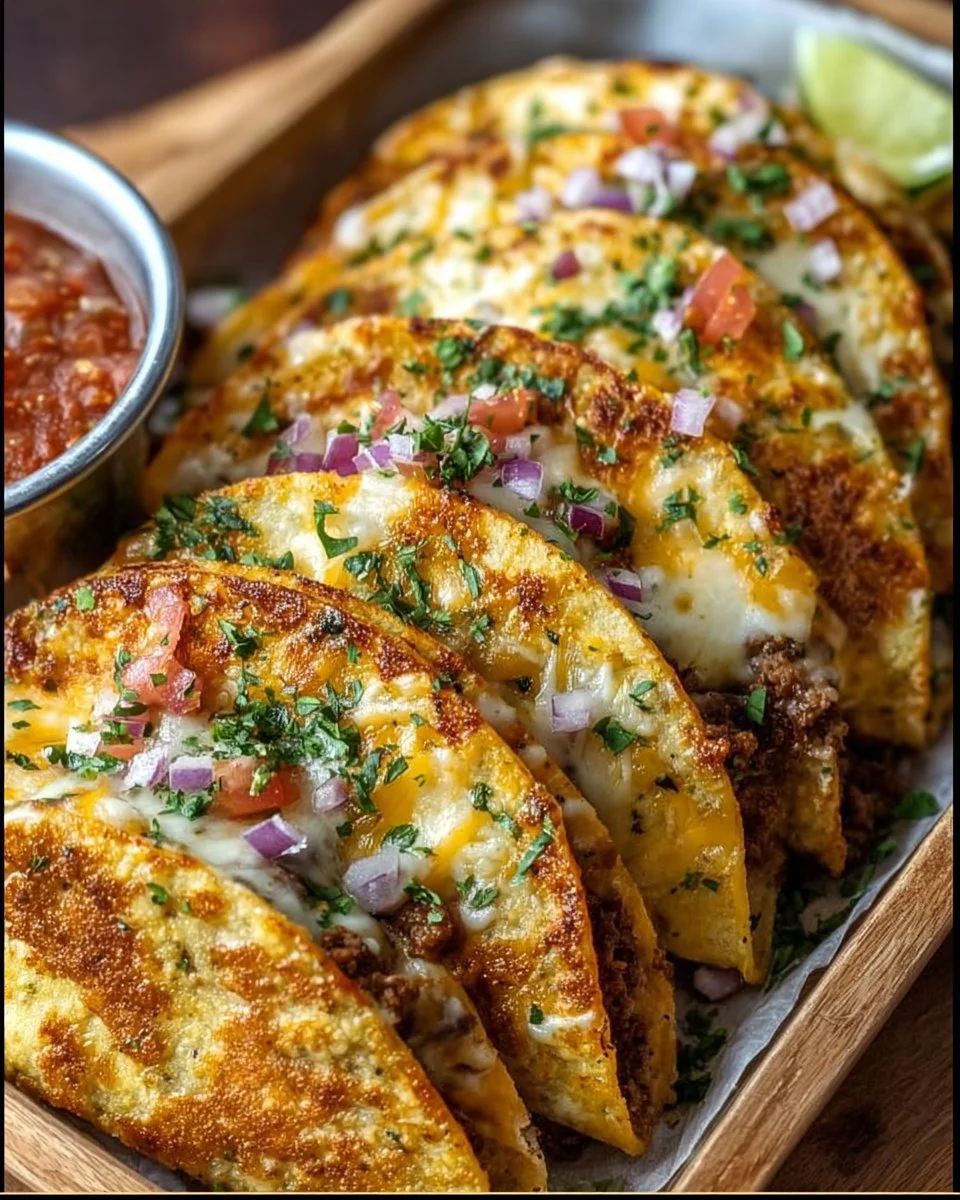 Oven-baked cheesy tacos topped with fresh ingredients and melted cheese.