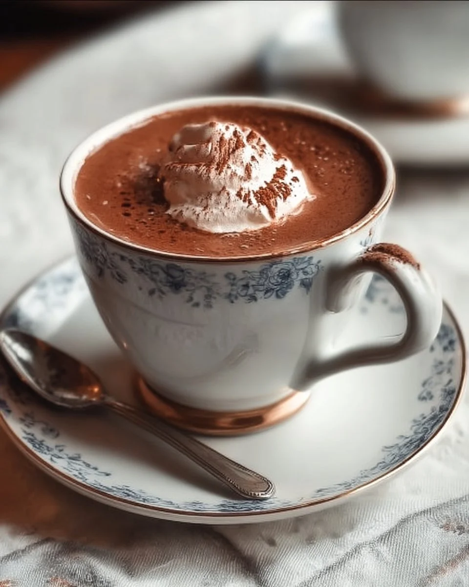 Cup of rich, creamy Parisian hot chocolate topped with whipped cream.