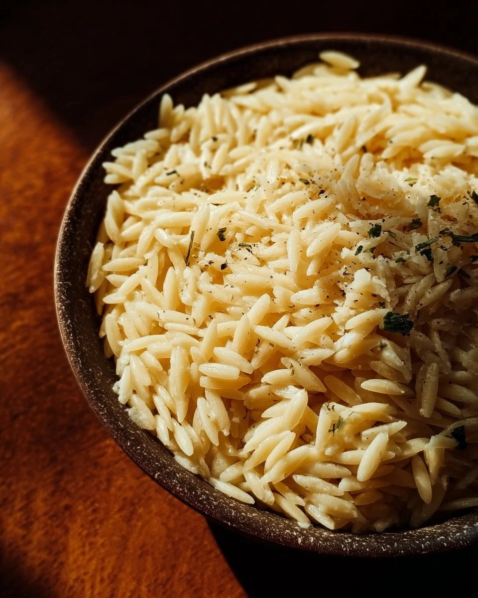 Creamy Parmesan Orzo dish with fresh herbs and a sprinkle of cheese
