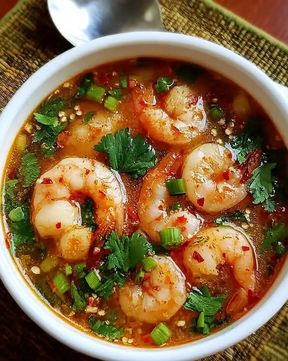 Bowl of quick and spicy shrimp soup garnished with herbs