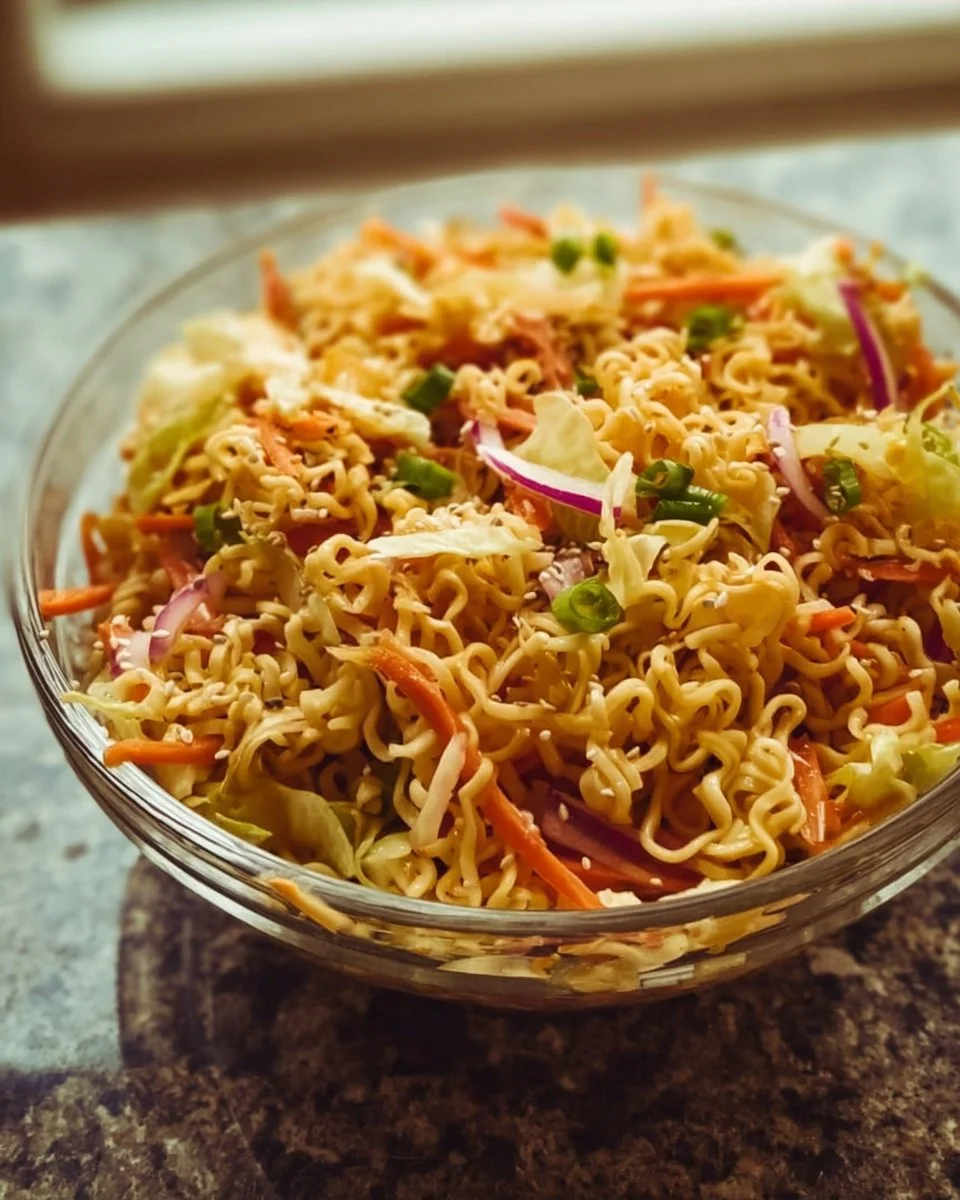 Colorful ramen noodle salad with fresh vegetables and dressing