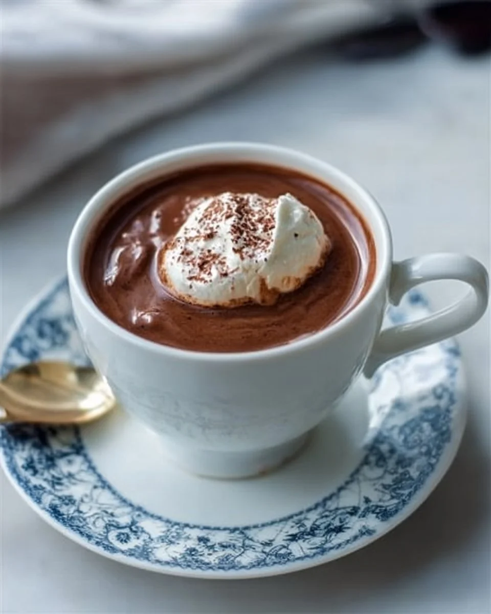 A mug of real French hot chocolate topped with whipped cream and chocolate shavings