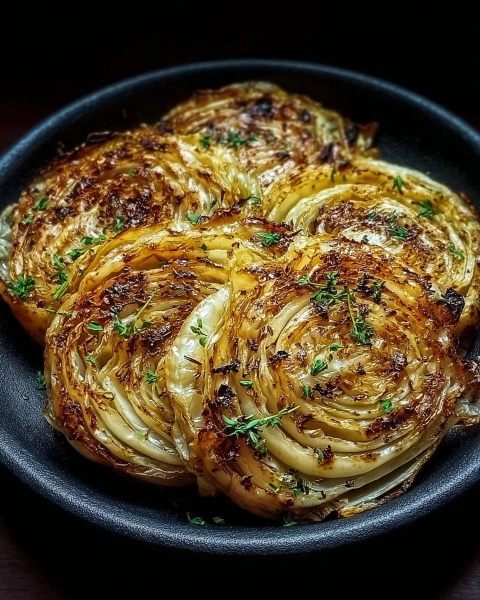 Delicious roasted cabbage steaks served with herbs and spices