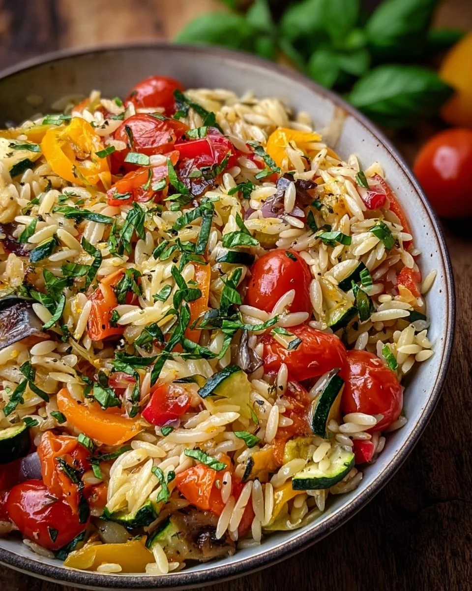 Bowl of roasted vegetable orzo with colorful veggies and herbs
