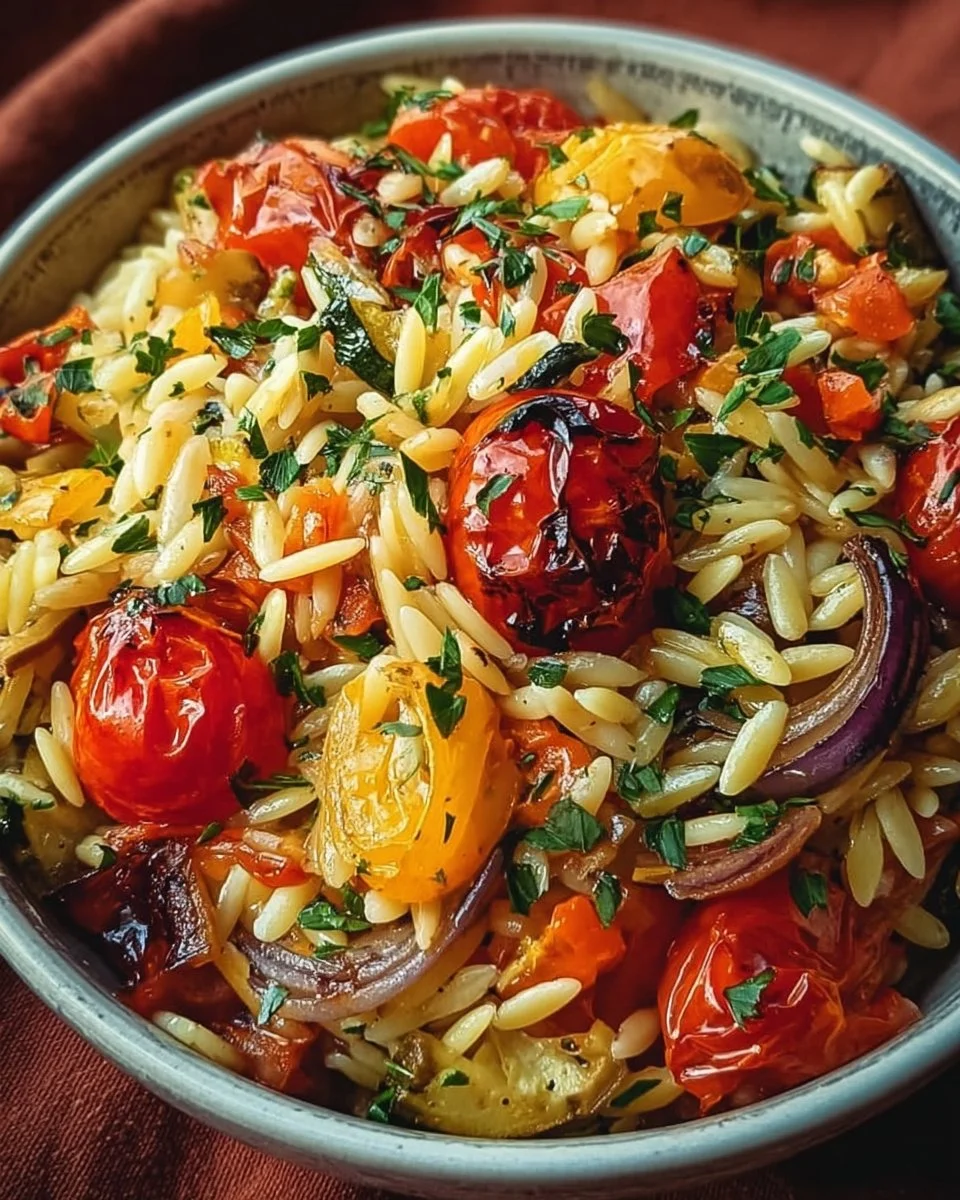 Delicious roasted vegetable orzo served in a bowl with colorful veggies