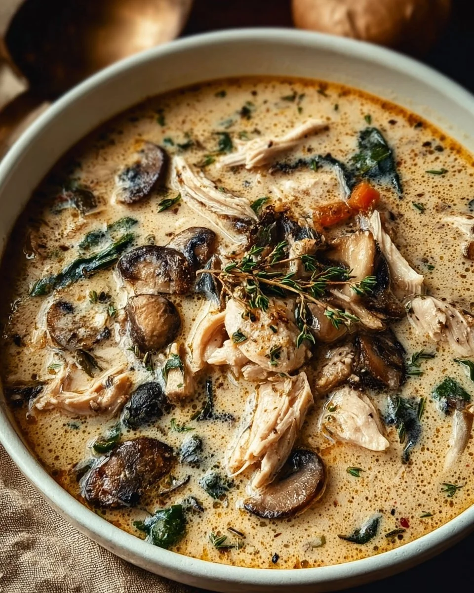 Bowl of rotisserie chicken mushroom soup garnished with herbs and spices.