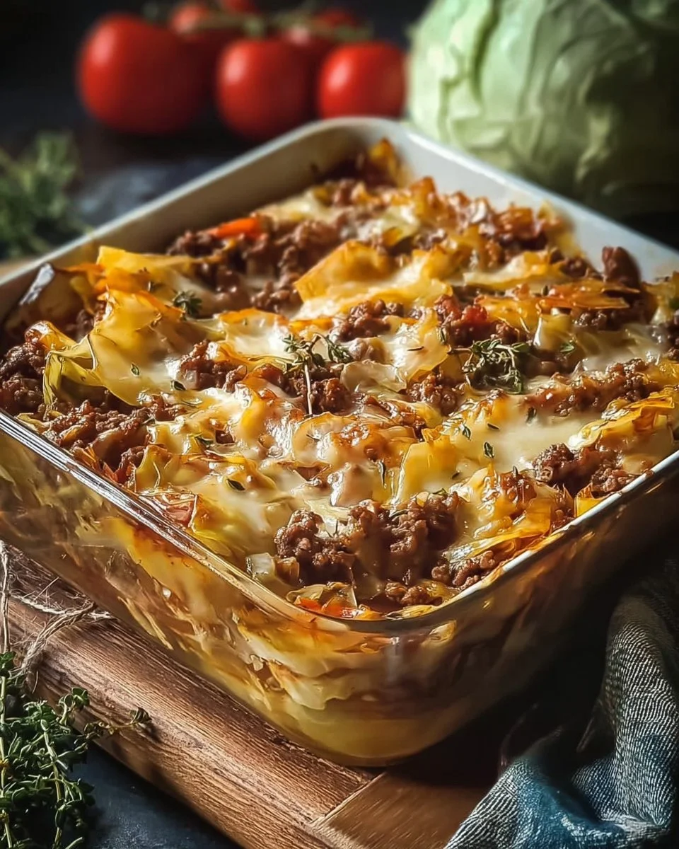 Savory Cabbage Beef Bake dish served in a baking dish, featuring ground beef and cabbage.