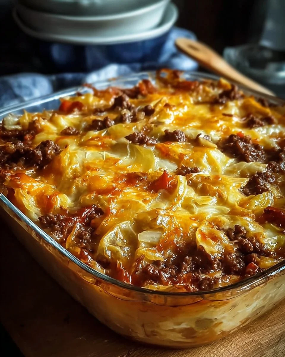 Savory cabbage beef bake dish served hot in a ceramic casserole dish