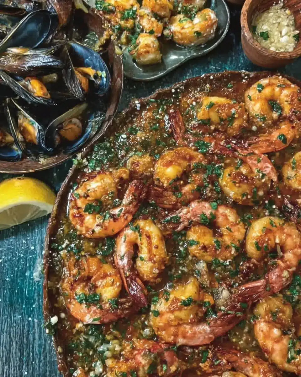 Plate of delicious seafood recipes featuring shrimp, fish, and scallops