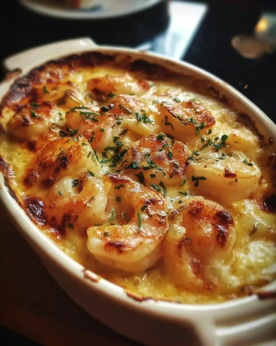 Delicious Seafood Gratin topped with a golden crust and fresh ingredients