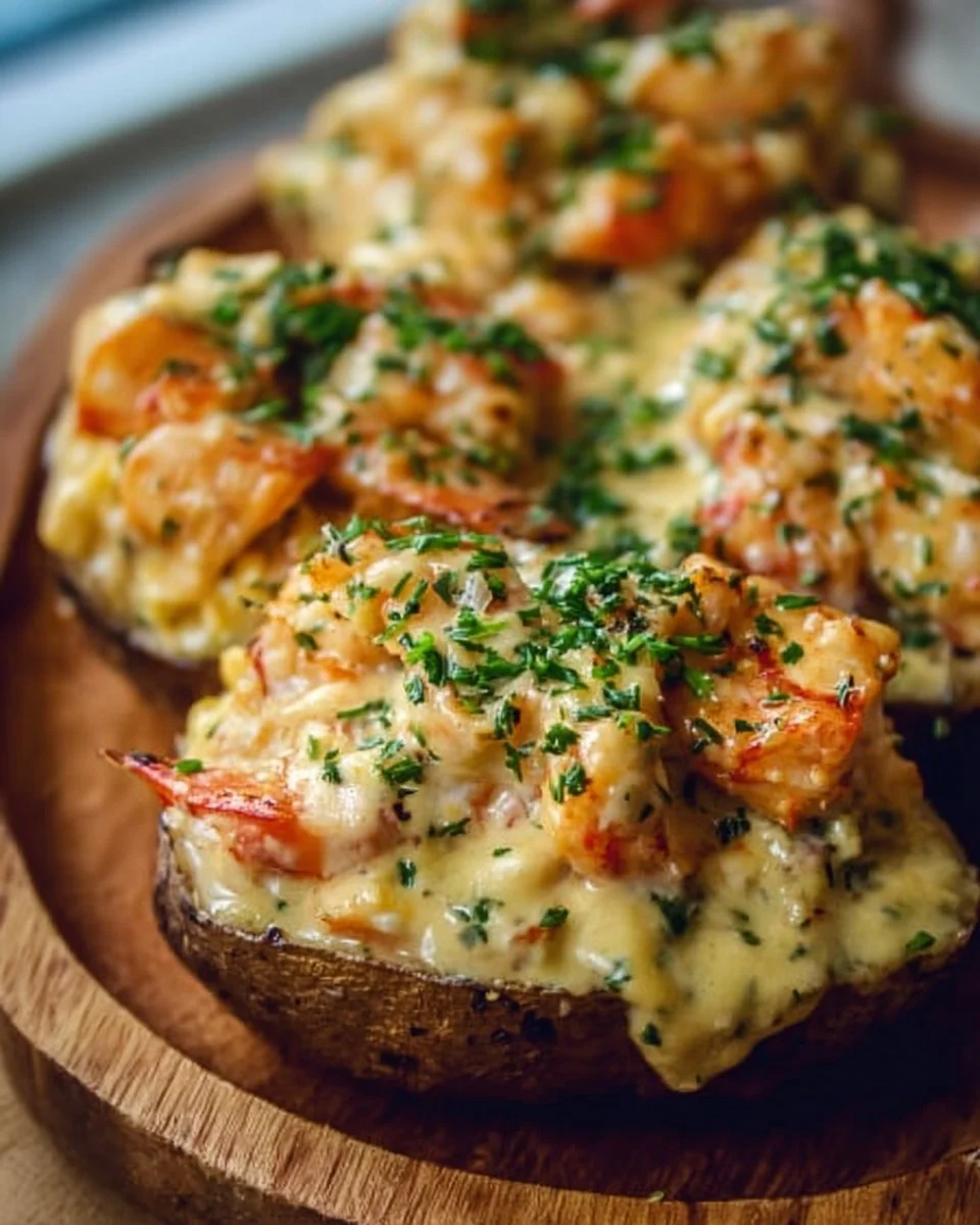 Delectable seafood stuffed potatoes with creamy filling presented on a plate