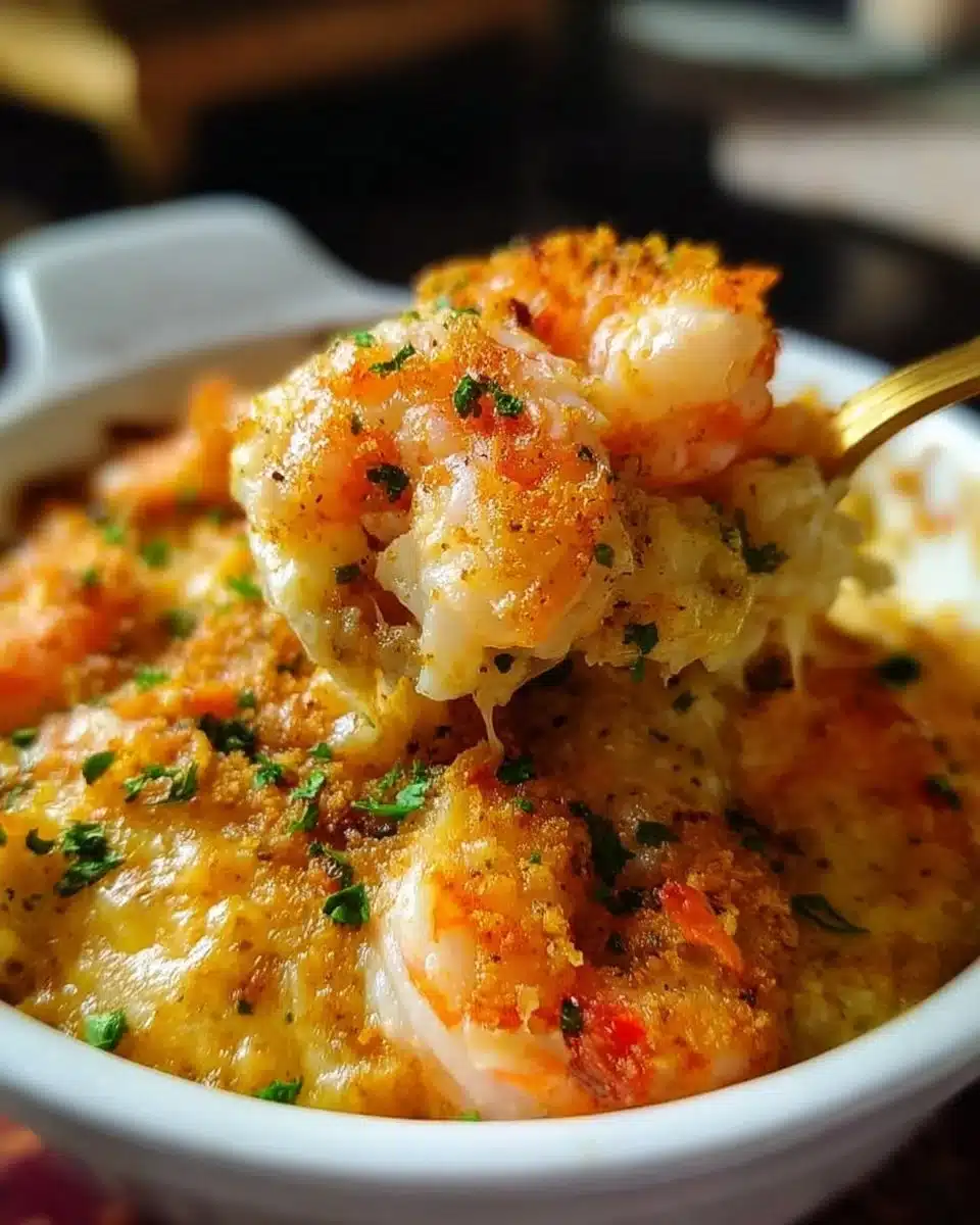 Delicious shrimp casserole baked to perfection with cheese and seasoning