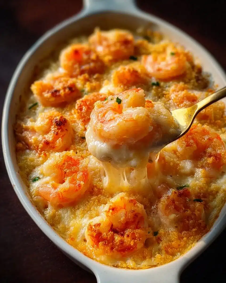Delicious shrimp casserole served in a baking dish with breadcrumbs on top.