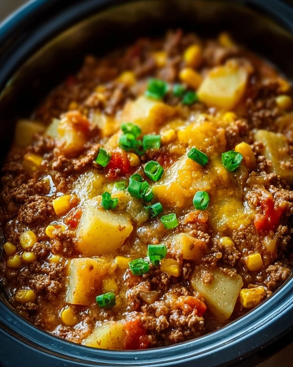 Delicious Slow Cooker Cowboy Casserole in a bowl topped with cheese and herbs.
