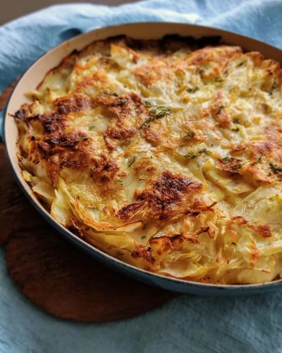 Delicious Smoked Gouda &amp; Cabbage Bake served in a casserole dish