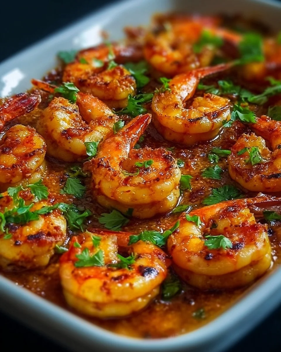 Plate of spicy voodoo shrimp with vibrant spices and garnishes