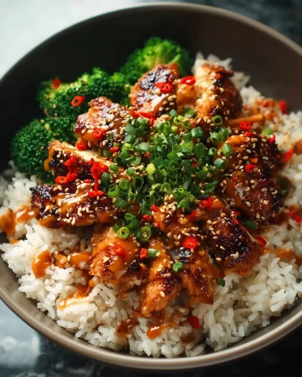 Delicious sticky chicken rice bowls topped with fresh vegetables and herbs