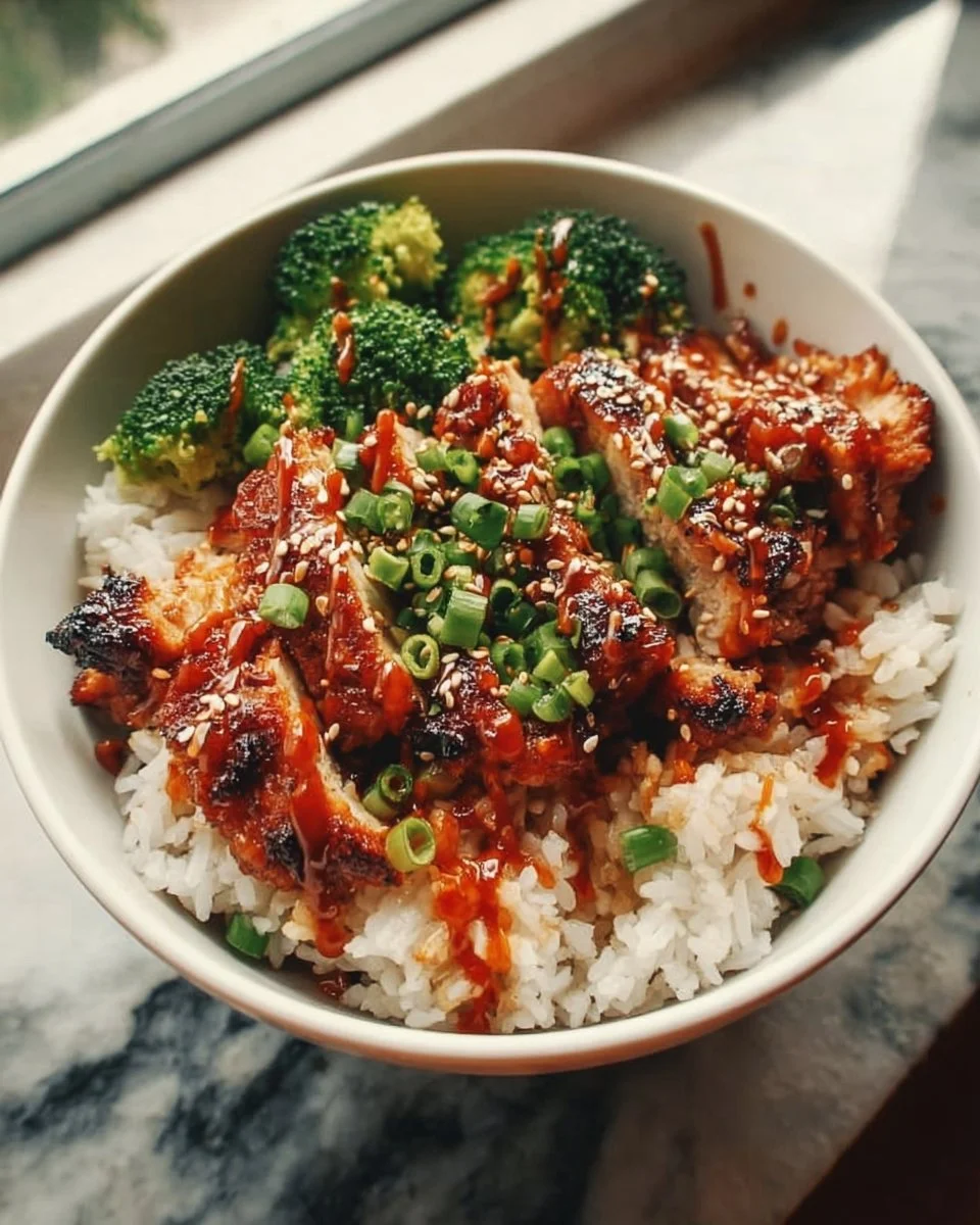 Delicious sticky chicken rice bowl with vibrant vegetables and sauce