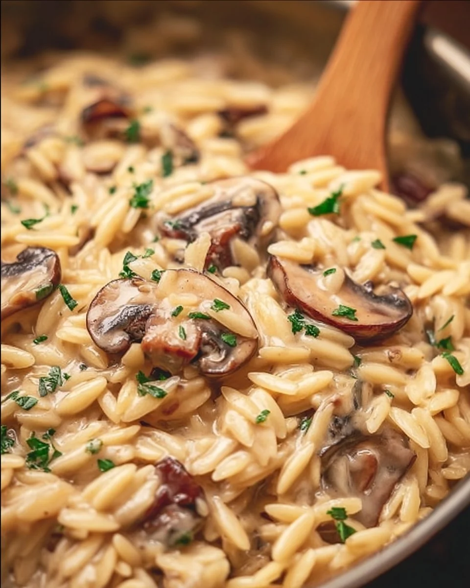 A delicious plate of Orzo with Mushrooms garnished with herbs.