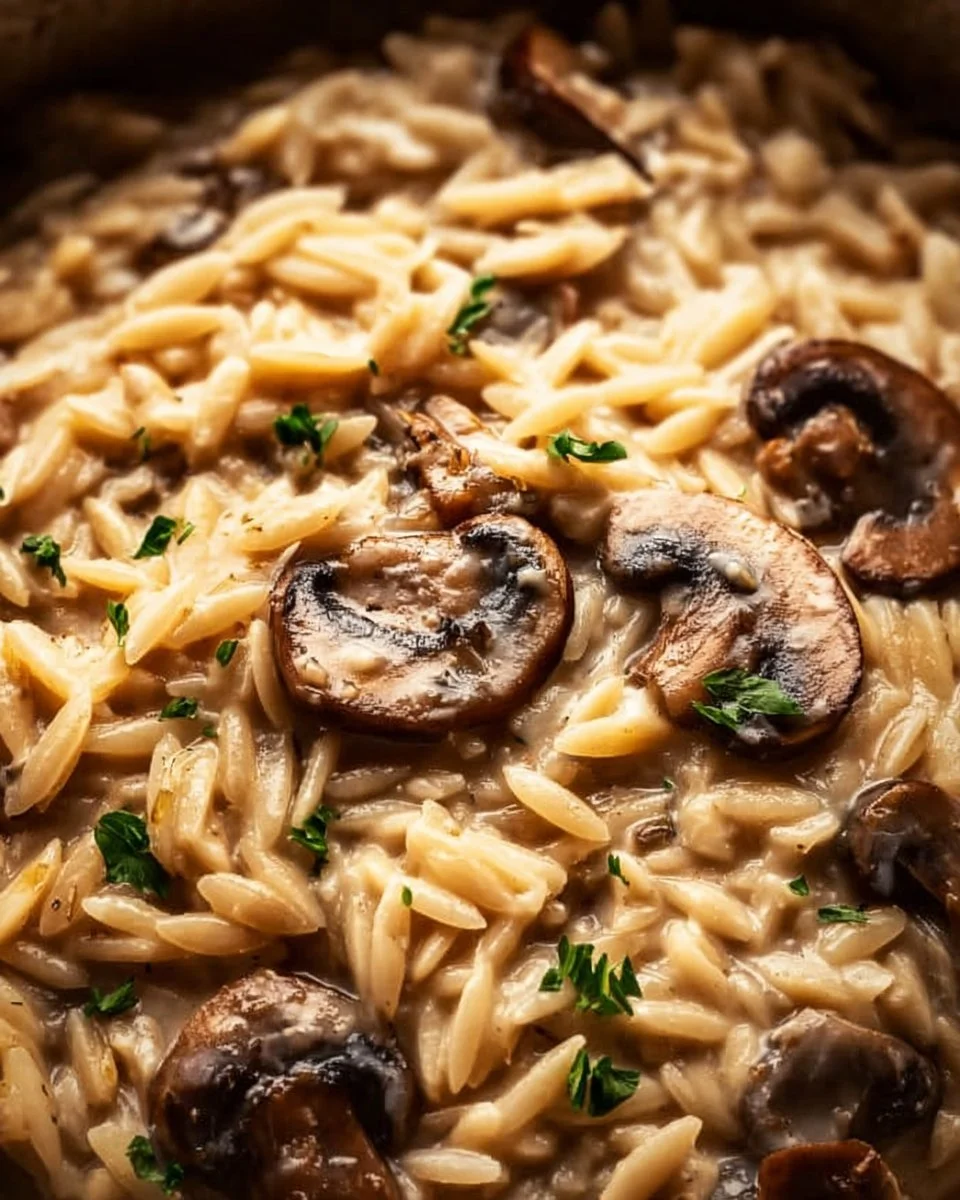 Delicious plate of orzo with mushrooms garnished with herbs
