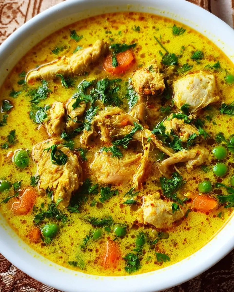 Bowl of turmeric chicken soup garnished with herbs and spices