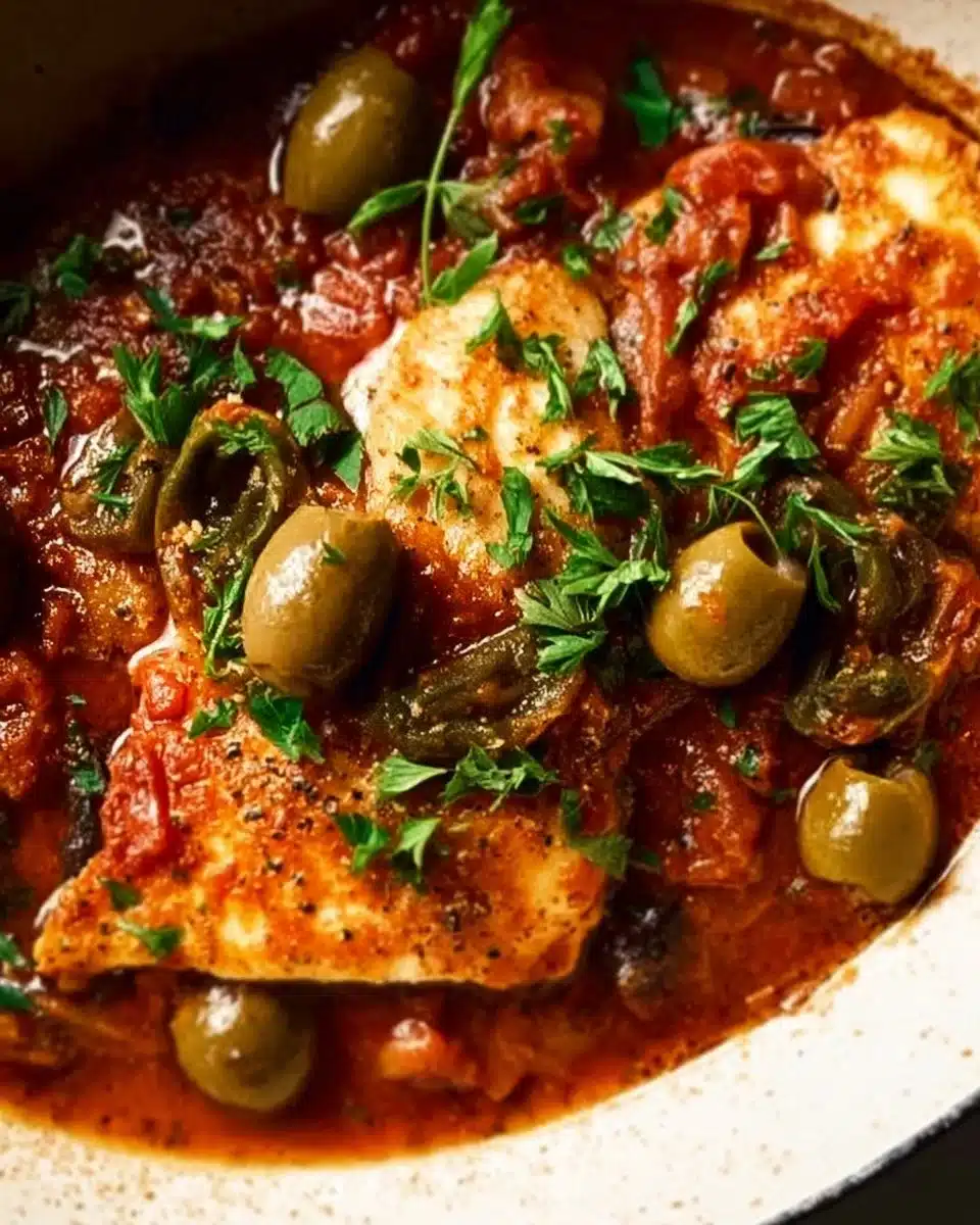 Plate of savory fish puttanesca garnished with fresh herbs and olives